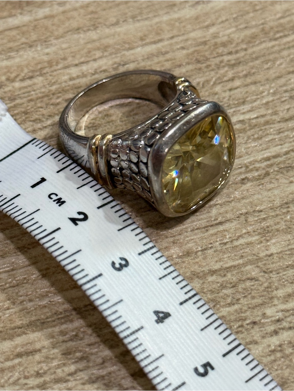 Sterling Silver Ring Two Tone Statement  Cushion Cut Yellow Stone Size 8 - Picture 12 of 13